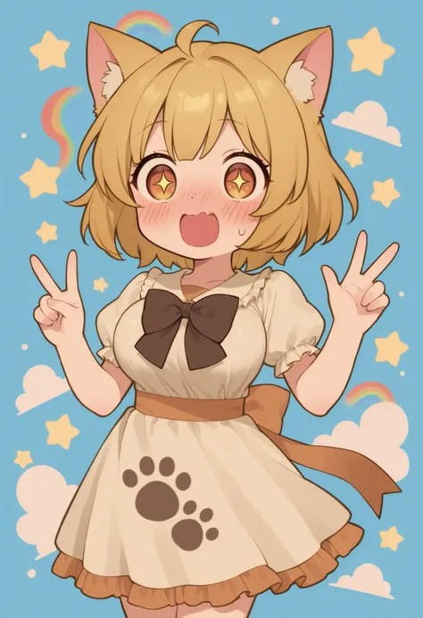blond cat ears、bob cut blonde hair、 popup、white string frill bikini、Happily Shy、big breasts、Surprised and Embarrassed Expression、blush、、rainbow、Night Planet、Celestial Bodies、Soap、