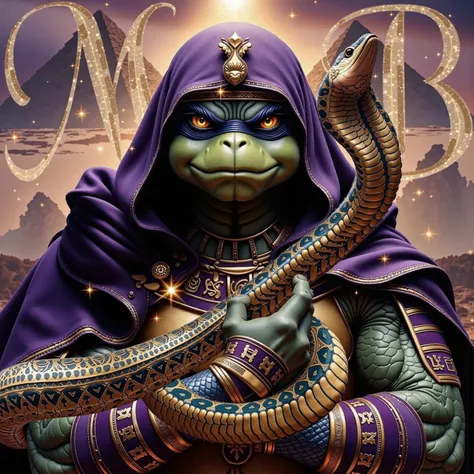 **Main Character**:
- **Markiustis**: Visualize a powerful Egyptian Ninja Turtle God named **Markiustis**! He wears a striking purple mask paired with luxurious gold Ancient Egyptian god attire, complete with an ornate headdress that signifies his divine...