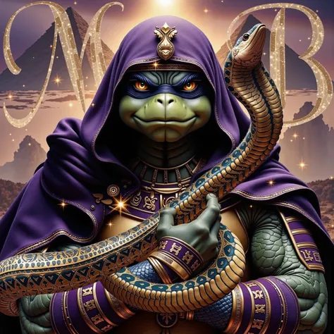 **Main Character**:
- **Markiustis**: Visualize a powerful Egyptian Ninja Turtle God named **Markiustis**! He wears a striking purple mask paired with luxurious gold Ancient Egyptian god attire, complete with an ornate headdress that signifies his divine...