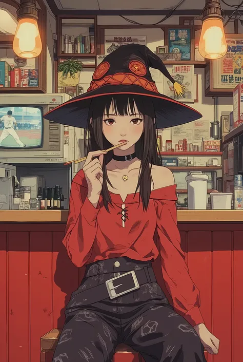  A young woman with long dark hair sits at the counter of a ramen shop. このすばのMegumin、Megumin、 witch hat、With bangs、Roomy red clothes,  dark patterned trousers. Her posture is relaxed.、chopsticks in my mouth,  A relaxed expression and focused eyes、staring a...