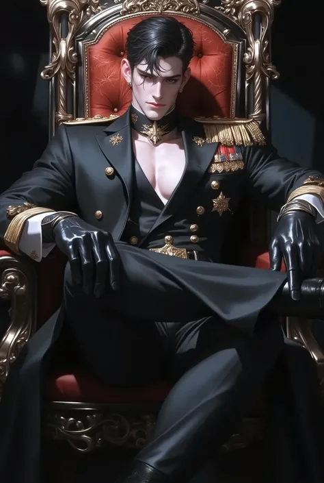 Ultra-detailed handsome military officer sitting on ornate gothic throne, dark regal uniform with gold embroidery, epaulettes, and medals, black leather gloves and boots, strong jawline, pale flawless skin, intense eyes, slicked-back black hair, elegant mi...