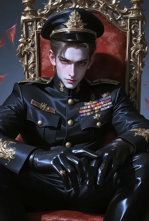 Ultra-detailed handsome military officer sitting on ornate gothic throne, dark regal uniform with gold embroidery, epaulettes, and medals, black leather gloves and boots, strong jawline, pale flawless skin, intense eyes, slicked-back honey brown, elegant m...