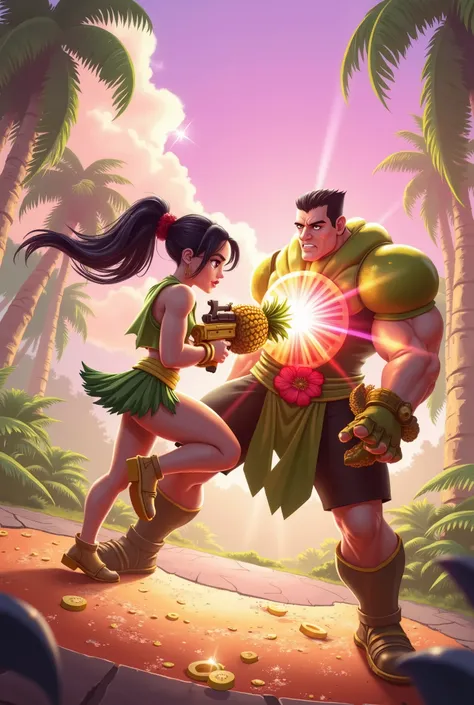 Create a vibrant illustration in the exaggerated cartoon style, with saturated colors and dynamic effects, mostrando:
The Fruit Warrior: An agile and elegant young woman, with stylized strokes (big eyes, hair in motion), firing a machine gun made of pine...