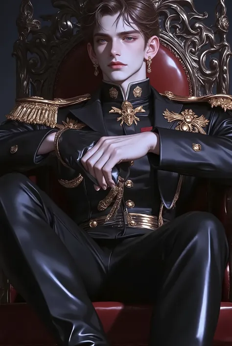 Ultra-detailed handsome military officer sitting on ornate gothic throne, dark regal uniform with gold embroidery, epaulettes, and medals, black leather gloves and boots, strong jawline, pale flawless skin, intense eyes, slicked-back honey brown, elegant m...