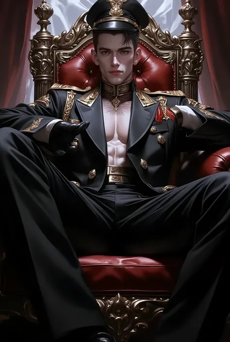 Ultra-detailed handsome military officer sitting on ornate gothic throne, dark regal uniform with gold embroidery, epaulettes, and medals, black leather gloves and boots, strong jawline, pale flawless skin, intense eyes, slicked-back black hair, elegant mi...