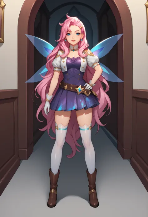 score_9, score_8_up, score_7_up, score_6_up, score_5_up, score_4_up, Seraphinello XL, blue eyes, pink hair , bangs, hair ornament, very long hair, Shiny Hair, star (symbol), earrings, medium breasts, shocks, white jacket, puffy short sleeves, purple dress...