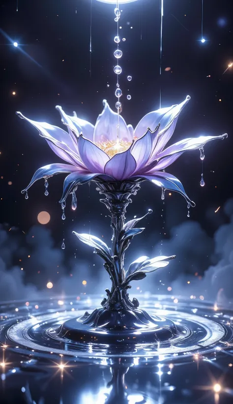 A surreal ink splash in the shape of a blooming flower rises from a pool of glowing midnight ink. The petals shift like liquid smoke, deep blues and purples melting into silver. Illuminated by a soft moonbeam, droplets hover in mid-air, as if time itself ...