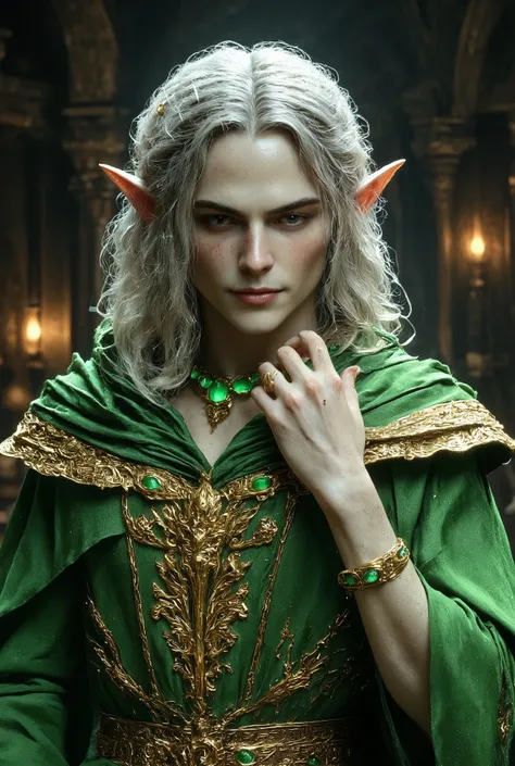 The beautiful long-eared elf boy smiles kindly((medium curly silver hair))The skin is smooth and smooth((Very Large Green and Silver Eyes))Precise hands and fingers and a beautiful face(Beautiful, Smooth, Smooth Skin, 20 Year Old Male Elf1people)luxurious ...