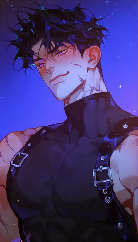 handsome, short hair, purple eyes, tight black turtleneck, sleeveless, abs, muscles, (scars, harness strap, holding a dagger), black hair, messy hair, smirk, blushing, night background, closed mouth