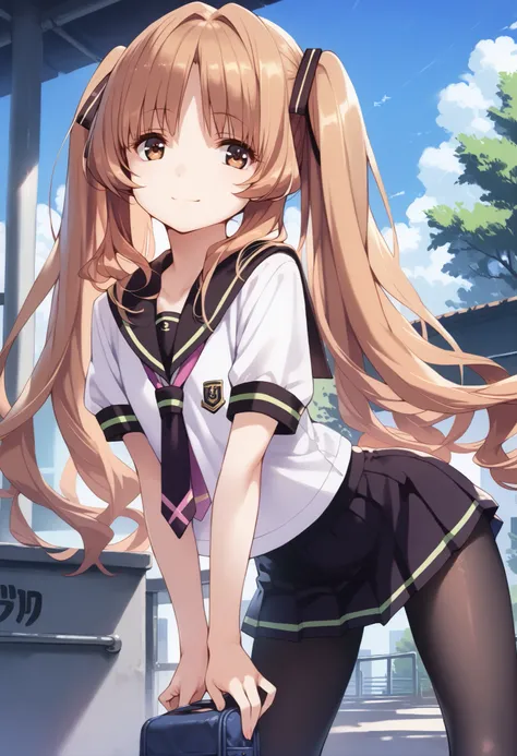score_9, score_8_up, score_7_up, source_anime,dutch angle, (highly detailed:1.3),1girl,solo,ht_remon,brown eyes,flat chest,long hair,twintails, hair ribbon,(school uniform,sailor collar,necktie,short sleeve,mini skirt,black pantyhose),smile,standing,from b...