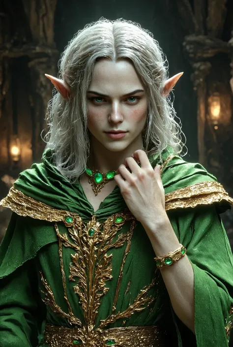 The skin is smooth and smooth((medium curly silver hair))The beautiful long-eared elf boy smiles kindly((Very, very large creases in green and silver)) beautiful skin((One hand on neck))