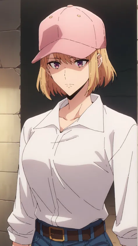 score_9, score_8_up, score_7_up,
Chahein SL,
1 girl, solo, closed mouth,
 Gold,  medium hair, purple eyes,
Chahaein casual that is in, collared shirt, white shirt, clavicle, Baseball cap, pink headdress, jeans, shirt tucked in, brown belt,
standing, starin...