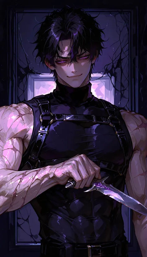 784cm style, handsome, short hair, purple eyes, tight black turtleneck, sleeveless, abs, muscles, (scars, harness strap, holding a dagger), black hair, messy hair, smirk, night background, closed mouth