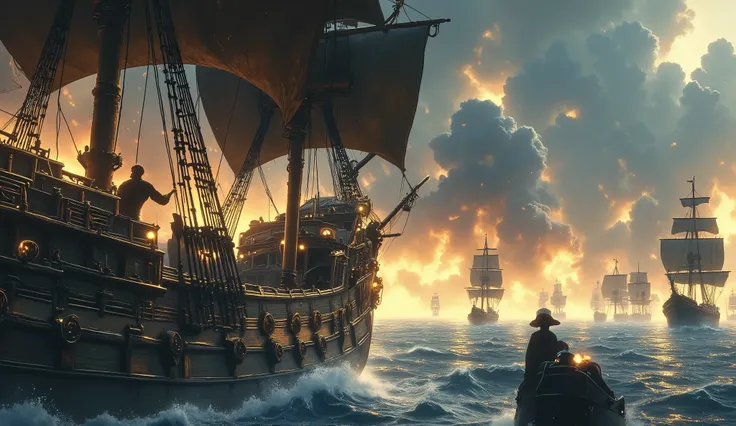 ( Pirate ship attacking shooting with its cannons at English ships , (hd quality , original classic texture ) Cinematic style, Rough Sea Set in the background English ships advancing against just one powerful Pirate ship , side of the ship shooting at enem...