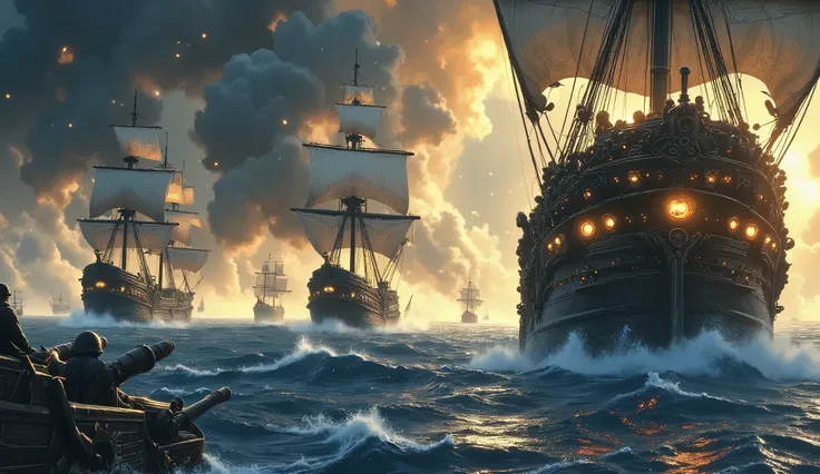 ( Pirate ship attacking shooting with its cannons at English ships , (hd quality , original classic texture ) Cinematic style, Rough Sea Set in the background English ships advancing against just one powerful Pirate ship , side of the ship shooting at enem...