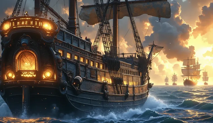 ( Pirate ship attacking shooting with its cannons at English ships , (hd quality , original classic texture ) Cinematic style, Rough Sea Set in the background English ships advancing against just one powerful Pirate ship , side of the ship shooting at enem...