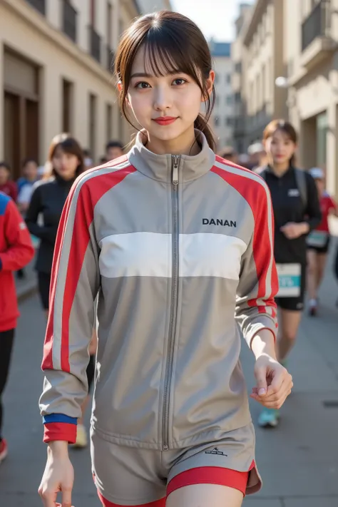 firm breast, by adjusting the framing so the subject's full head is visible within the composition. Keep the camera angle and expression consistent while extending the top portion of the image naturally, A modern athletic outfit designed for competitive ru...