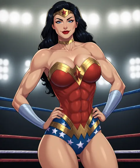 safe_pos,  2d, 1girl, solo, wide hips, DC Comics, 1girl, solo, DC Comics, Wonder Woman, Diana Prince, Blue Eyes, red lips, lipstick, Black Hair, Long Hair, gold tiara, gold choker, red wrestling singlet, large breasts, cleavage, curvy, athletic, standing, ...