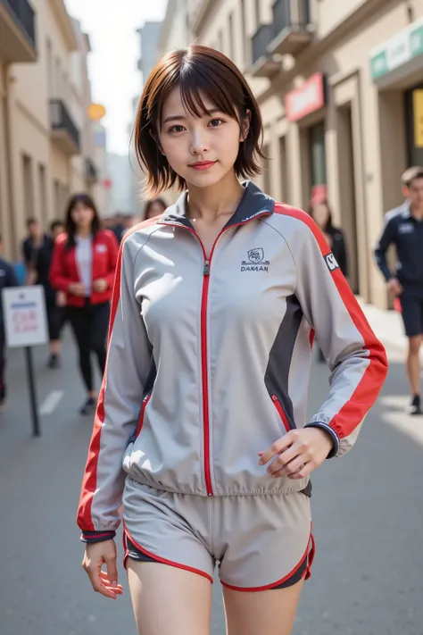 chihiro, firm breast, by adjusting the framing so the subject's full head is visible within the composition. Keep the camera angle and expression consistent while extending the top portion of the image naturally, A modern athletic outfit designed for compe...