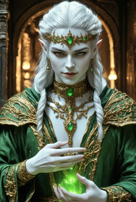 The beautiful long-eared elf boy smiles kindly((Long silver permed hair))White skin is smooth and smooth((Very, very large creases in green and silver))Precise hands and fingers and a beautiful face(A 20-year-old Male Elf With Beautiful, Smooth, Smooth Ski...