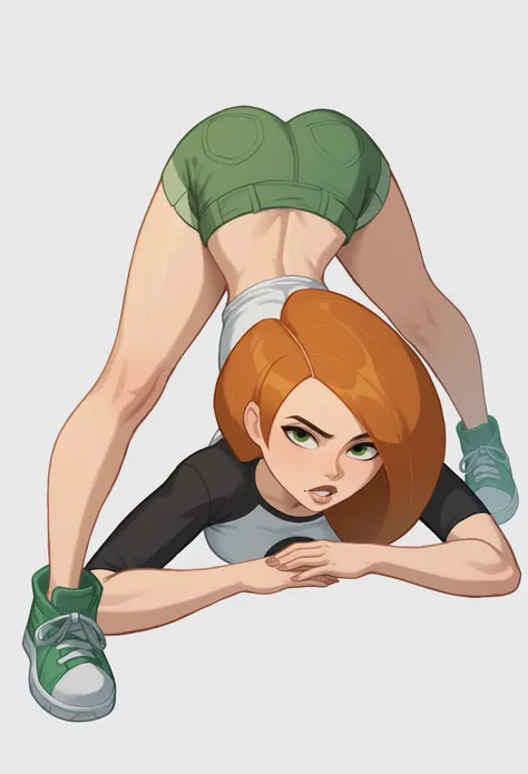 score_9,score_8_up,score_7_up,1girl, :o, absurdres, green_eyes, breast_press, breasts, commentary_request, ginger hair, highres, jack-o'_challenge, korean_commentary, small_breasts, legs, long_hair, meme, parted_lips, raglan_sleeves, kim possible_\(kim pos...