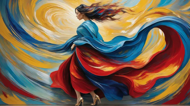 An abstract portrait of a woman composed of swirling brushstrokes and vibrant colors, with textured paint creating a sense of depth and movement. The figure is adorned with flowing garments that blend seamlessly into the background. The color palette is bo...