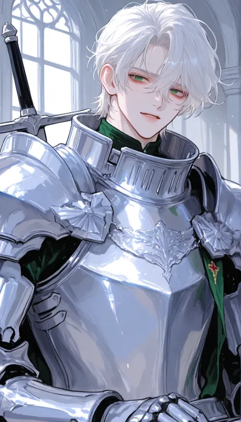 handsome, A 20 years, 1man, short white hair, green eyes, Knight, white and silver armor, sword
