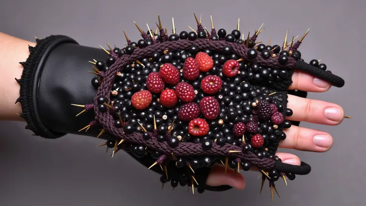 berry gauntlet (Berry Gauntlet):
prompt: vines with countless blackberry and raspberry spines(Vine)Braid、a gauntlet tightly fixed to the back and finger of a black leather glove。When you squeeze your finger、sharp spines stick out when you hold your finger...