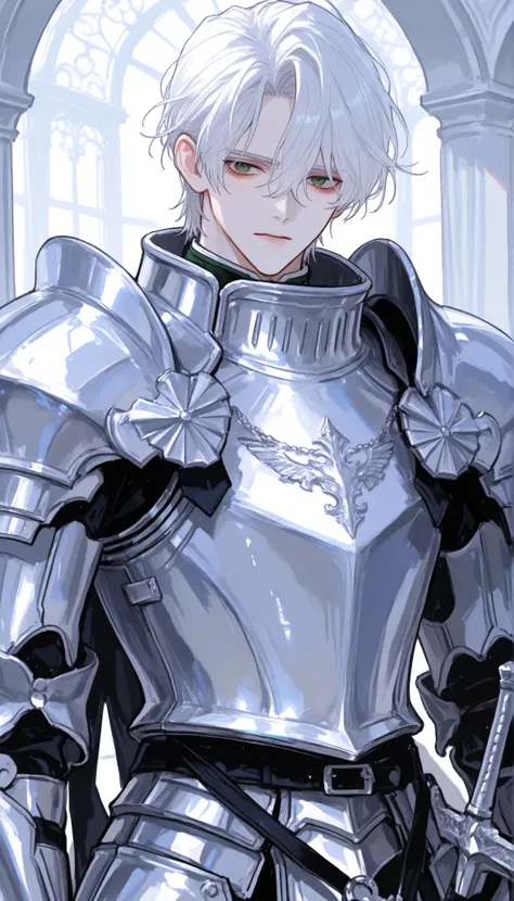 handsome, A 20 years, 1man, short white hair, green eyes, Knight, white and silver armor, sword