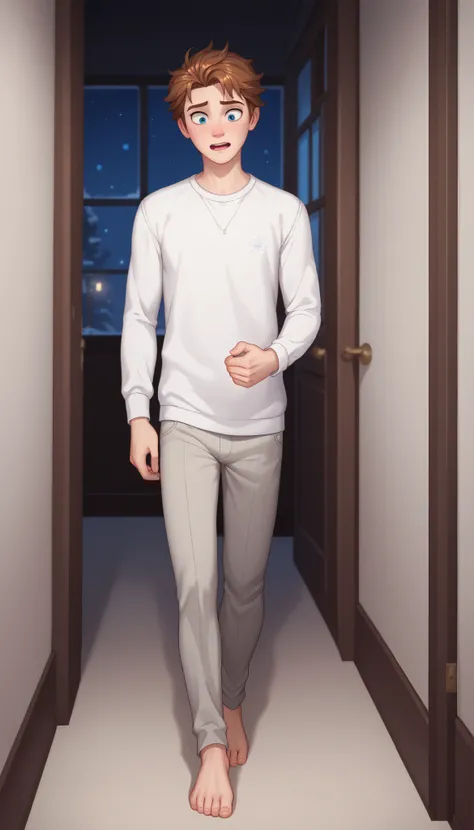 score_9, score_8_up, score_7_up, source anime, "A young boy walking slowly through a dim hallway at night, between bedroom doors. He appears lost in thought, barefoot and distant. The corridor is softly lit by faint wall lights. Suddenly, he hears a noise...