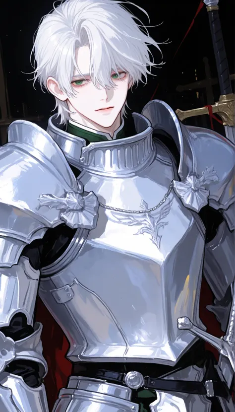handsome, A 20 years, 1man, short white hair, green eyes, Knight, white and silver armor, sword