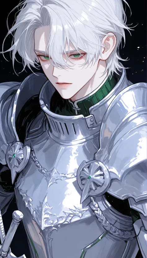 handsome, A 20 years, 1man, short white hair, green eyes, Knight, white and silver armor, sword