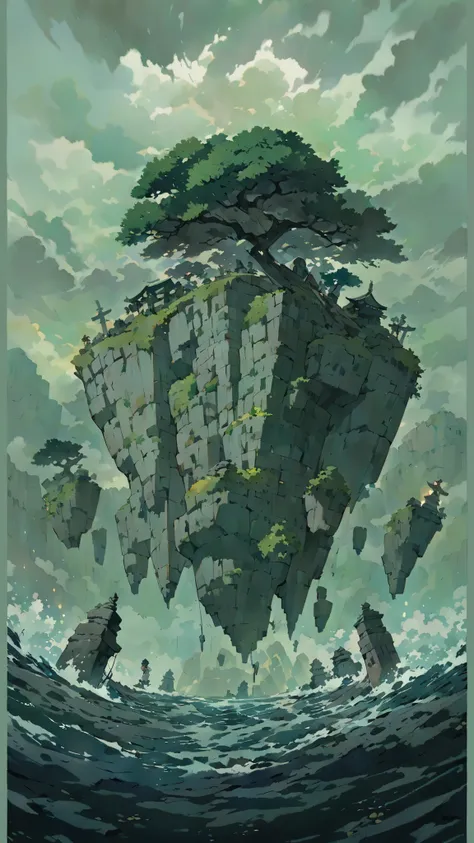 archived cel from Studio Ghibli vault, hand-painted anime cel, soft watercolor tones, lush natural textures, bathed in gentle nostalgic light, vivid yet tender colors, whimsical details, featuring Dark epic environment shot of a giant airborne stone island...