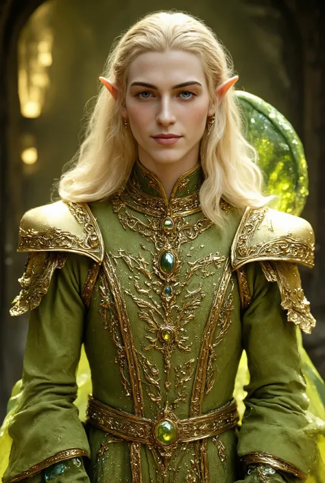 The beautiful long-eared elf boy smiles kindly((green blonde with a semi-long perm))Smooth, silky skin((golden green very very large crease))Precise hands and fingers and a beautiful face(A 20-year-old Male Elf With Beautiful, Smooth, Smooth Skin1people)lu...