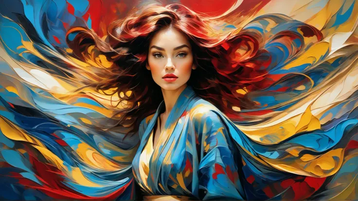An abstract portrait of a woman composed of swirling brushstrokes and vibrant colors, with textured paint creating a sense of depth and movement. The figure is adorned with flowing garments that blend seamlessly into the background. The color palette is bo...