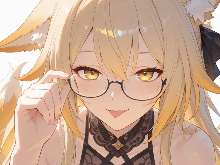 Fox girl, pale-blonde, Renard, Fox tail, collar, Beautiful, Long Hair, (Rosy gradient on hair), Golden Eyes with purple shade, small breasts, garter, black lace dress, cheeky, hair ribbon, white lily on hair, alluring, teasing, sexy, close-up on face, hold...