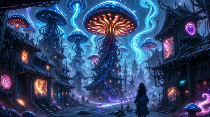 An alien mage conjuring spells with holographic runes in the foreground, with a vibrant alien landscape in the background. The mage takes the form of a woman, with hair in spirals like tentacles and a large robe. She is in a landscape filled with giant bio...