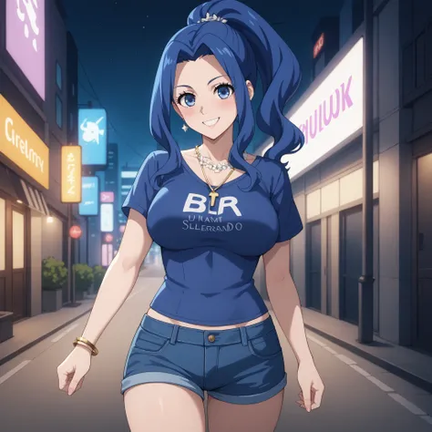 " Melty Q Melromarc , Her blue hair tied in a ponytail,  bright blue eyes , Happy open-mouthed smile. blush,  curvaceous and slender figure , large breasts y bien proporcionados. wearing a short black t-shirt with low-cut electronic design and denim shorts...