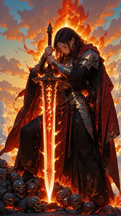 Create a hyper-realistic digital painting of a warrior, your intricate armor, white and red, holding your sword facing down, your sword has a blue aura High resolution,
