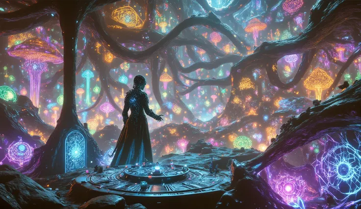 An alien mage conjuring spells with holographic runes in the foreground, with a vibrant alien landscape in the background. The mage takes the form of a woman, with hair in spirals like tentacles and a large robe. She is in a landscape filled with giant bio...
