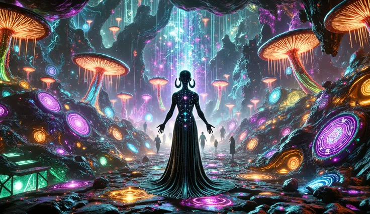 An alien mage conjuring spells with holographic runes in the foreground, with a vibrant alien landscape in the background. The mage takes the form of a woman, with hair in spirals like tentacles and a large robe. She is in a landscape filled with giant bio...