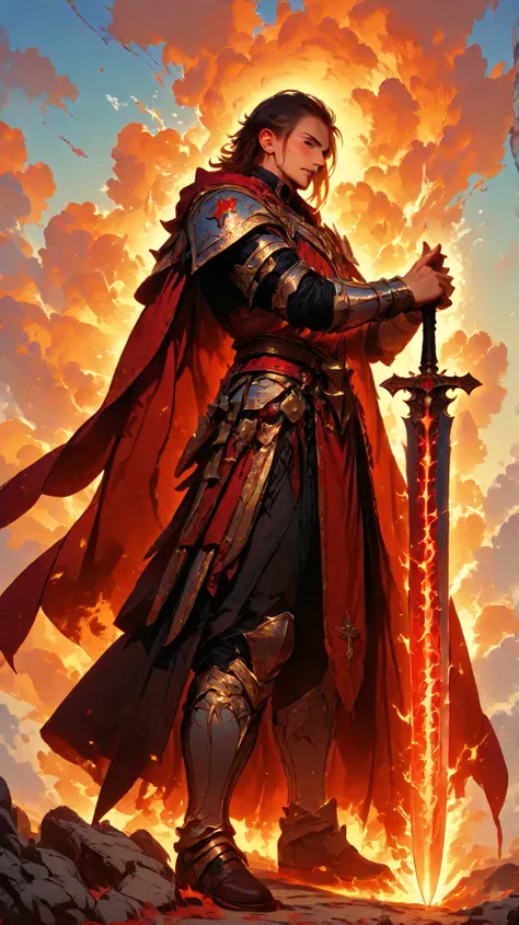 Create a hyper-realistic digital painting of a male warrior, your intricate, white and red, armor holding your sword pointing down, your sword has a blue aura High resolution,