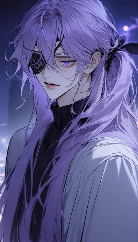 good looking, alone, 1 male, long hair, (ponytail, light purple hair), night, Black light、Looking this way、Attractive eyes。masterpiece, Highest quality, Anatomically correct, ,night景、((Eye patch))、Long Bangs、magic