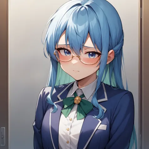 score_9, score_8_up, score_7_up, SuiseiBase, wearing glasses, shy girl, blushes, highschool uniform with white shirt, blue blazer
