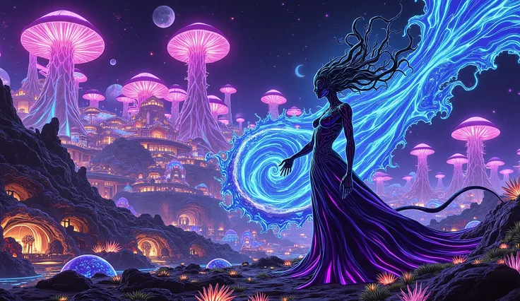 An alien mage conjuring spells with holographic runes in the foreground, with a vibrant alien landscape in the background. The mage takes the form of a woman, with hair in spirals like tentacles and a large robe. She is in a landscape filled with giant bio...