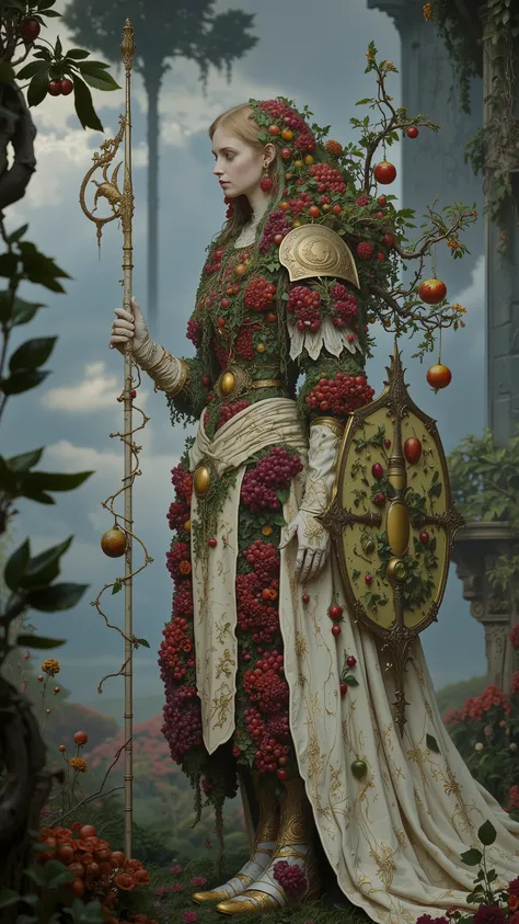 ((A androgynous Knight in Western Armor)),(Morning Star,top of Morningstar is a fruit),((fruits,Shield and weapons made of fruit))facing to the side,from side,side view,fullbody,battlefield,beautiful,iconic,dynamic pose,dynamic angle,body horror,biomachine...