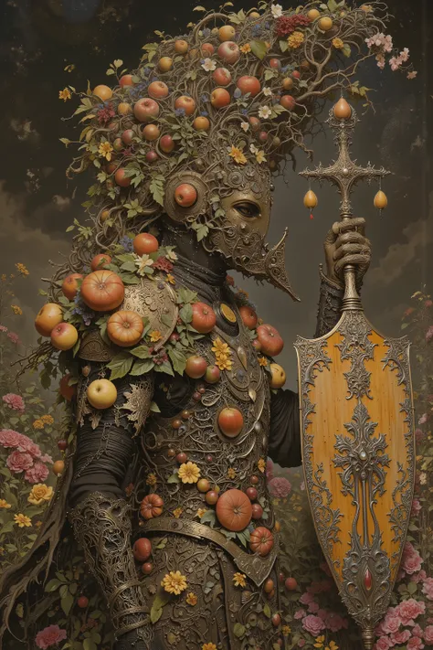 ((A androgynous Knight in Western Armor)),((fruits,Shield and weapons made of fruit:1.1)),(Morning Star,top of Morningstar is a fruit),facing to the side,from side,side view,fullbody,battlefield,beautiful,iconic,dynamic pose,dynamic angle,body horror,bioma...