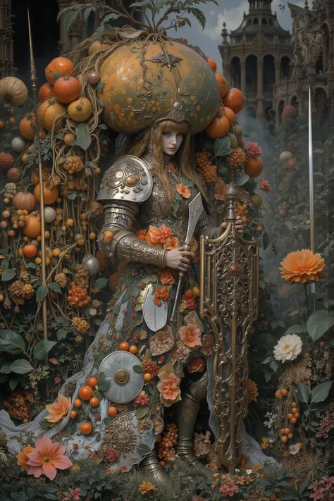 ((A androgynous Knight in Western Armor)),((fruits,Shield and weapons made of fruit:1.5)),(Morning Star,top of Morningstar is a fruit),facing to the side,from side,side view,fullbody,battlefield,beautiful,iconic,dynamic pose,dynamic angle,body horror,bioma...