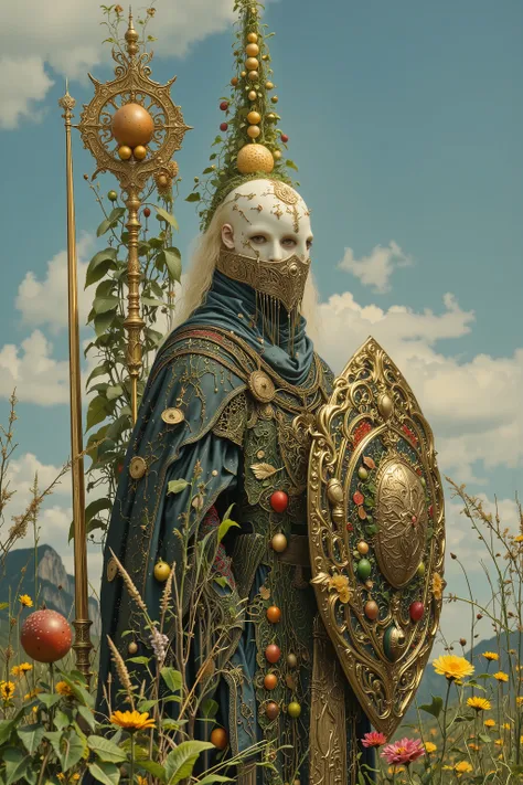 ((A androgynous Knight in Western Armor)),(Morning Star,top of Morningstar is a fruit),((fruits,Shield and weapons made of fruit))facing to the side,from side,side view,fullbody,battlefield,beautiful,iconic,dynamic pose,dynamic angle,body horror,biomachine...