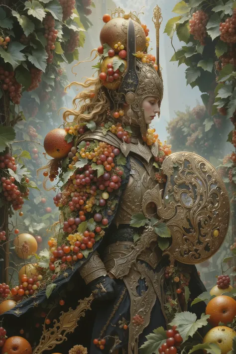 ((A female Knight in Western Armor)),((fruits,Shield and Weapons made from fruits,grapes,berry:1.5)),(Morning Star,top of Morningstar is a fruit),facing to the side,from side,side view,fullbody,battlefield,beautiful,iconic,dynamic pose,dynamic angle,body h...